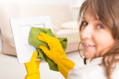 Professional technician using carpet cleaning equipment